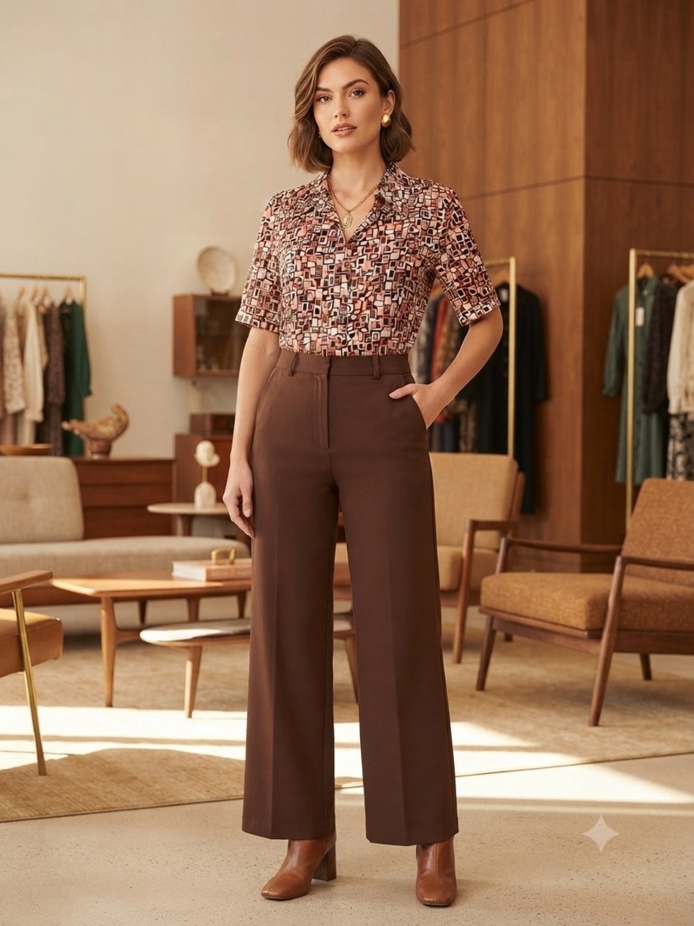 Apt. 9 Geometric Print Button-Down Shirt in Brown and Cream